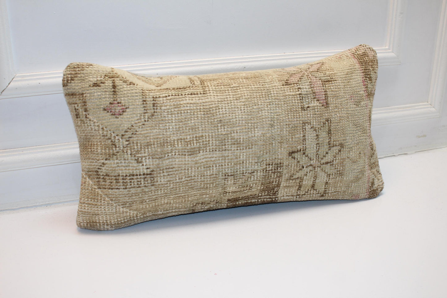 Neutral Turkish Kilim Lumbar Pillow 12x24, Wabi Sabi Cushion Cover