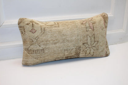 Neutral Turkish Kilim Lumbar Pillow 12x24, Wabi Sabi Cushion Cover
