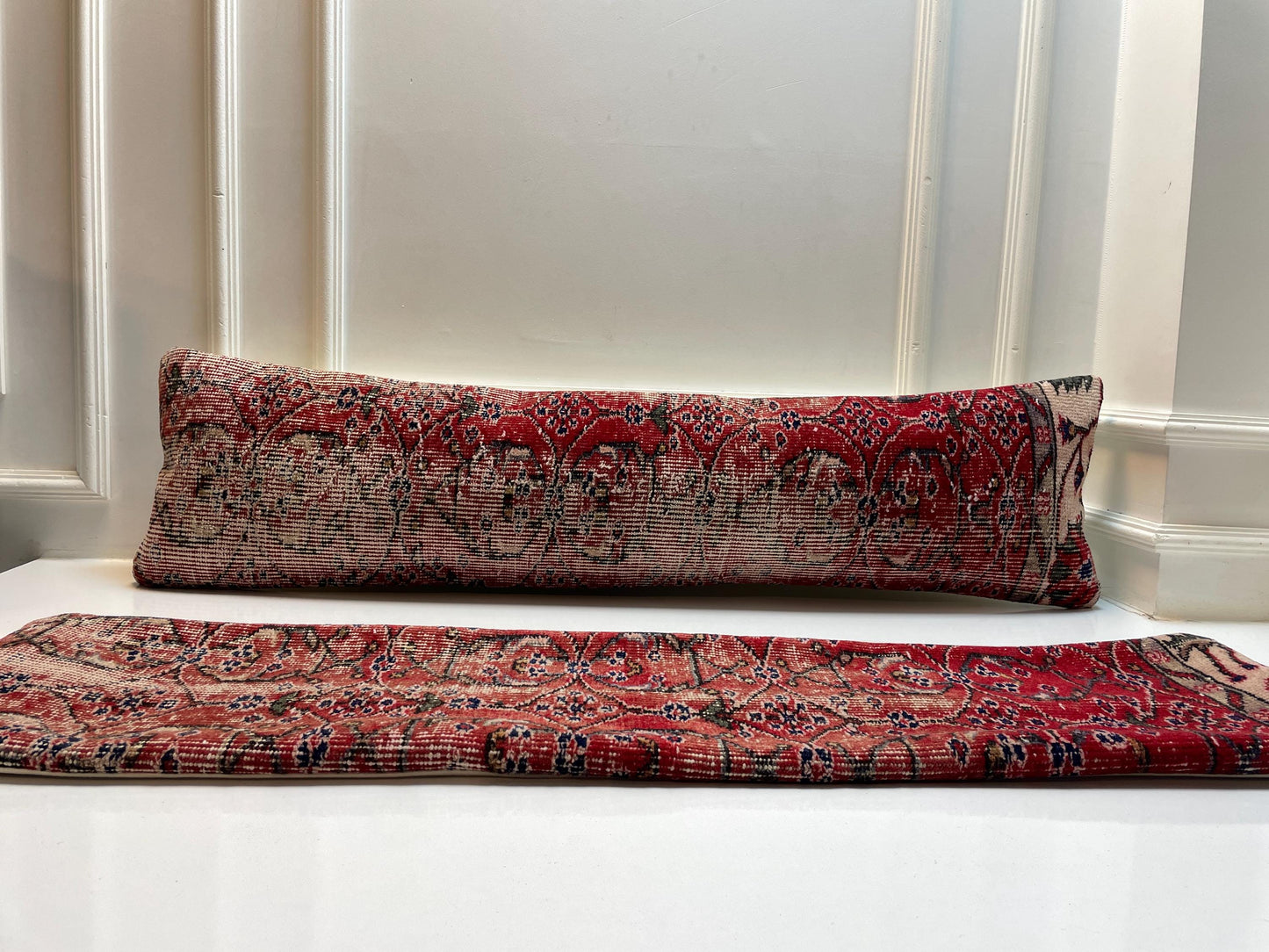Set of 2 -Handmade Red Turkish Rug Lumbar Pillow Cover – Boho Kilim Cushion, 12x48