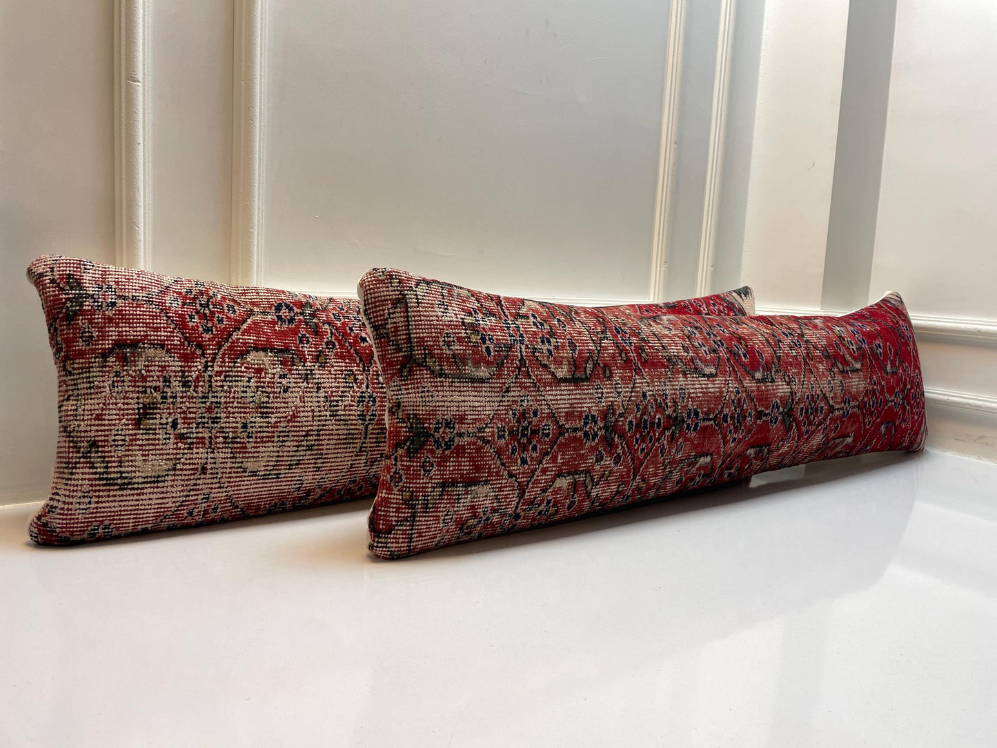 Set of 2 -Handmade Red Turkish Rug Lumbar Pillow Cover – Boho Kilim Cushion, 12x48