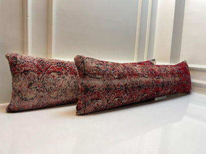 Set of 2 -Handmade Red Turkish Rug Lumbar Pillow Cover – Boho Kilim Cushion, 12x48