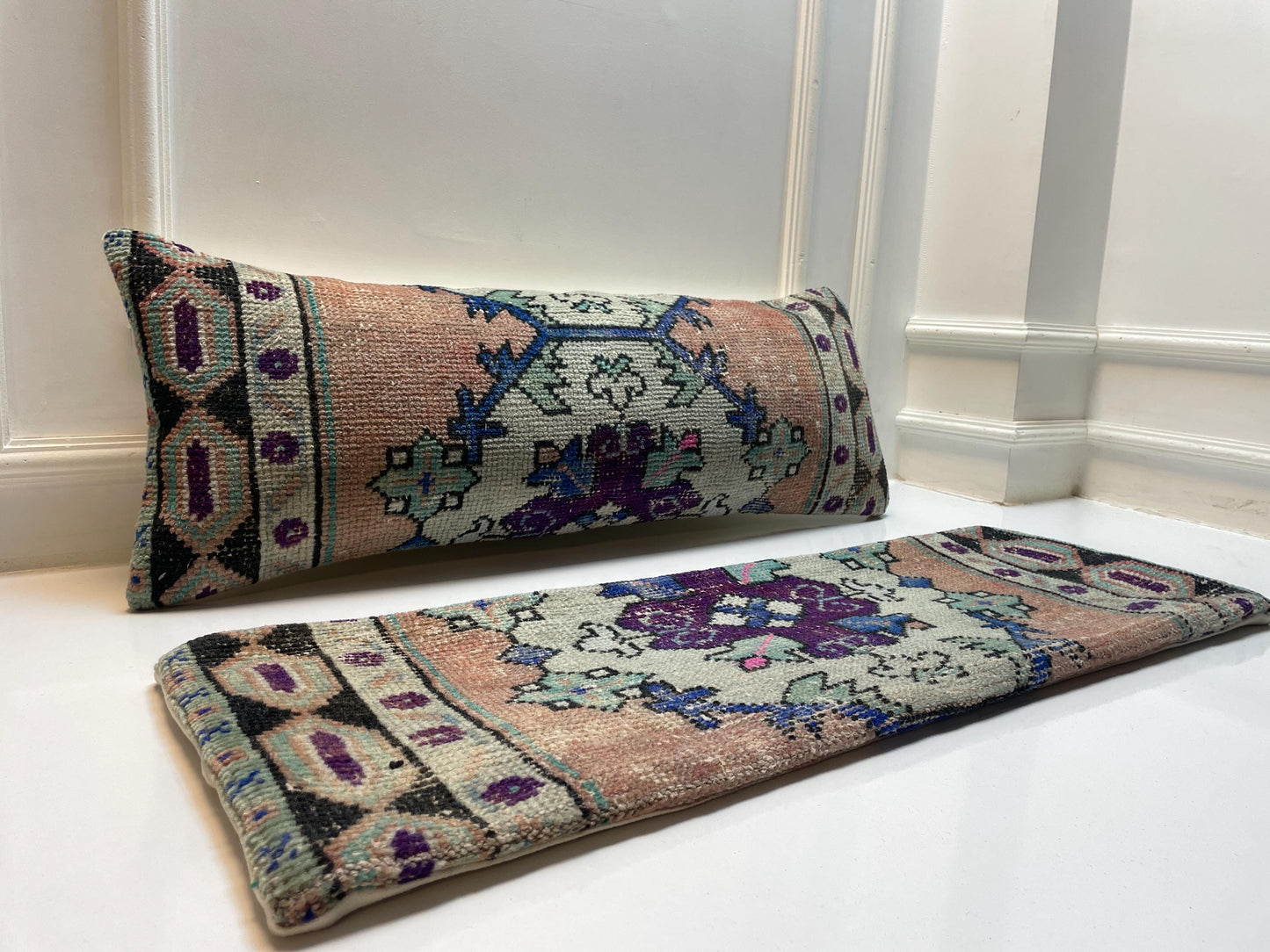 Set of 2-Vintage Turkish Rug Lumbar Pillow Cover – Boho Kilim Cushion (12x36)