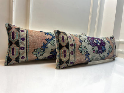 Set of 2-Vintage Turkish Rug Lumbar Pillow Cover – Boho Kilim Cushion (12x36)