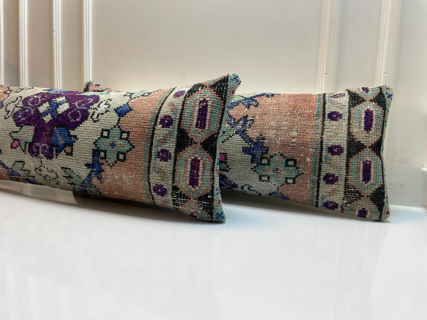 Set of 2-Vintage Turkish Rug Lumbar Pillow Cover – Boho Kilim Cushion (12x36)