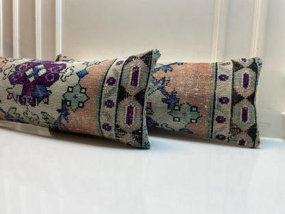 Set of 2-Vintage Turkish Rug Lumbar Pillow Cover – Boho Kilim Cushion (12x36)
