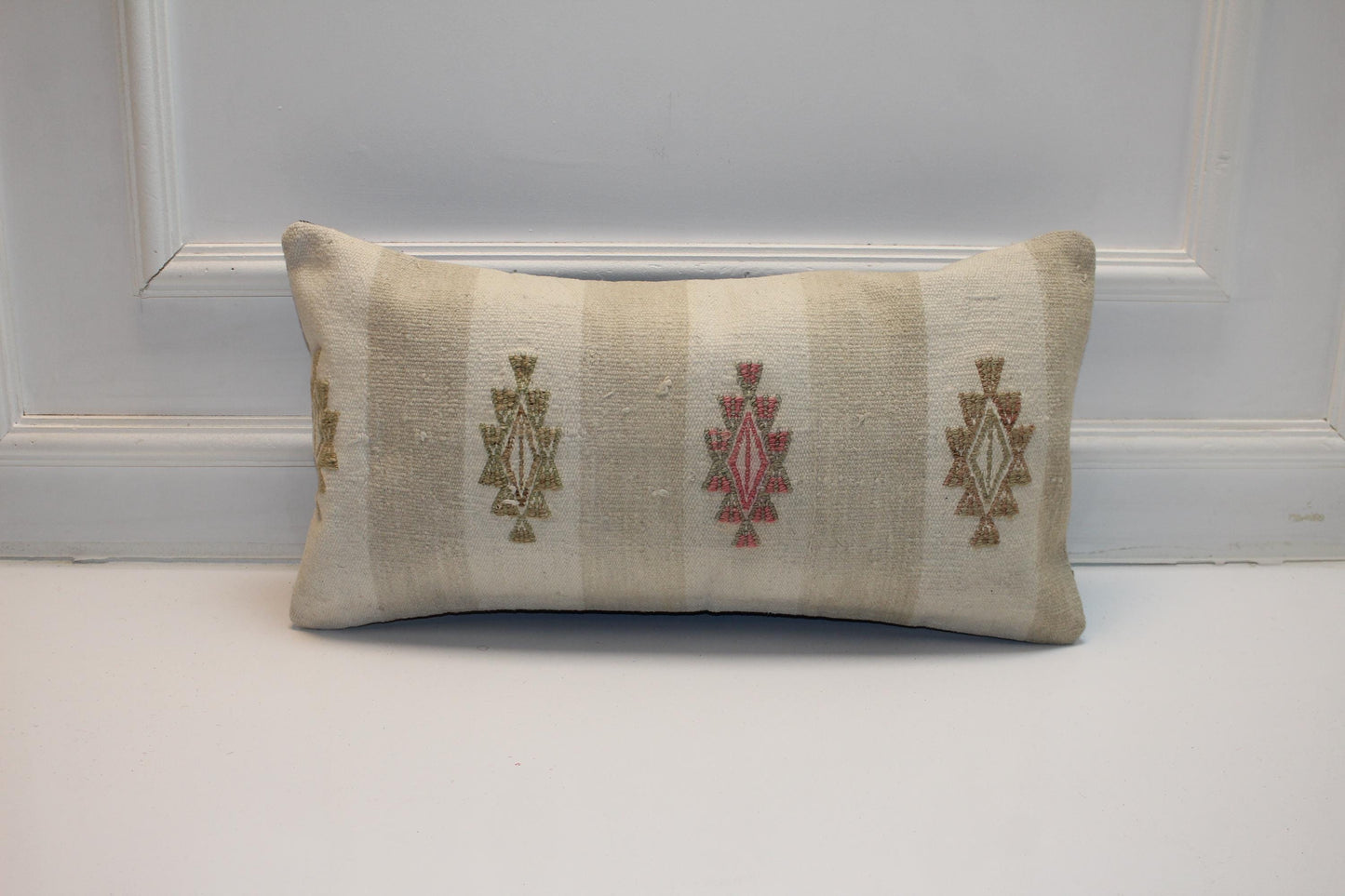 Vintage Turkish Kilim Lumbar Pillow , Neutral Beige Boho Cushion Cover, Handwoven Anatolian Rug Pillow
