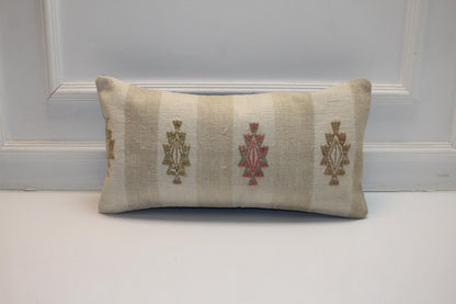Vintage Turkish Kilim Lumbar Pillow , Neutral Beige Boho Cushion Cover, Handwoven Anatolian Rug Pillow