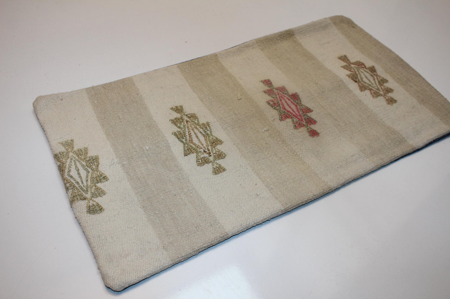 Vintage Turkish Kilim Lumbar Pillow , Neutral Beige Boho Cushion Cover, Handwoven Anatolian Rug Pillow