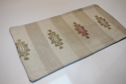 Vintage Turkish Kilim Lumbar Pillow , Neutral Beige Boho Cushion Cover, Handwoven Anatolian Rug Pillow