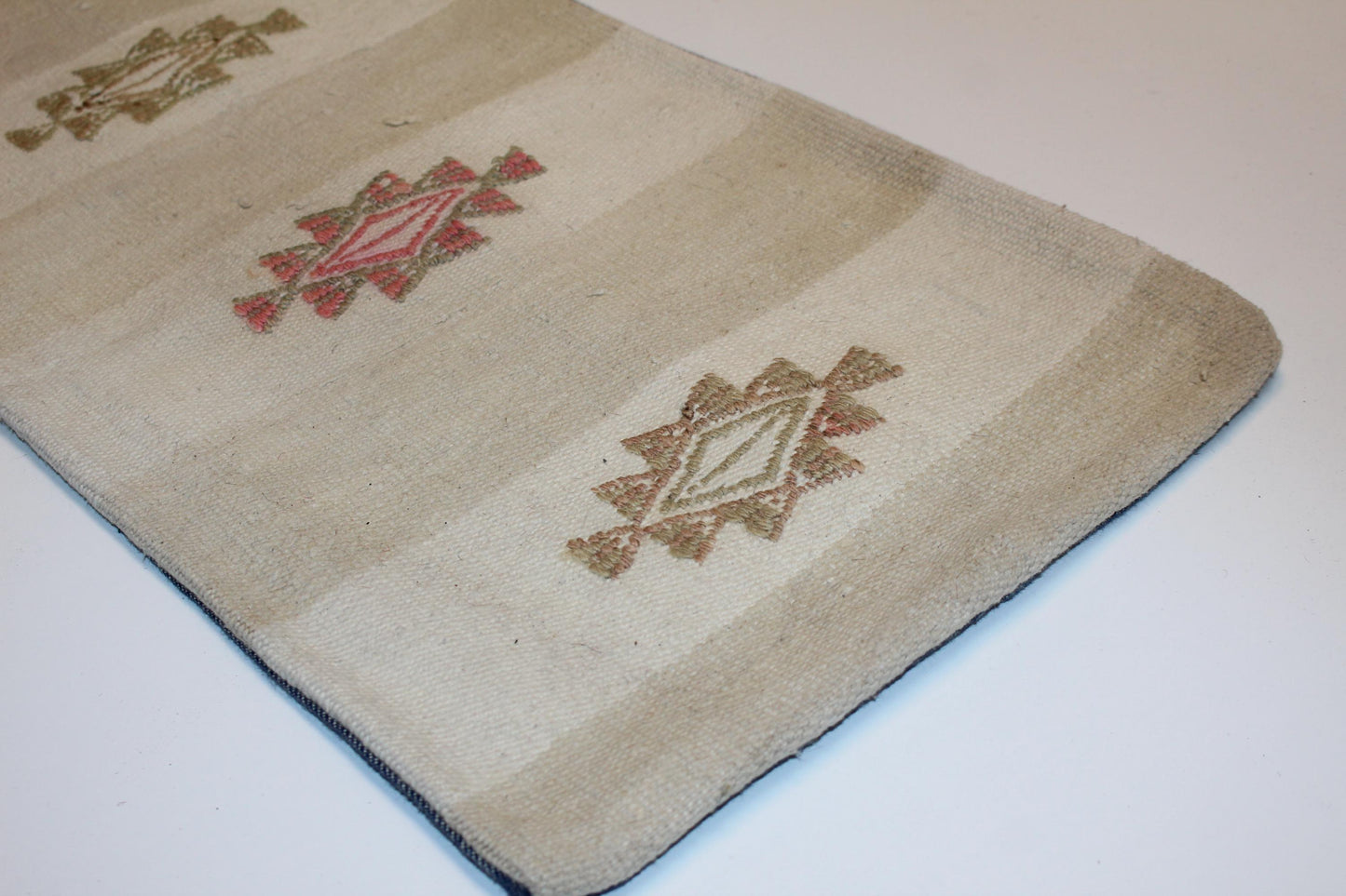 Vintage Turkish Kilim Lumbar Pillow , Neutral Beige Boho Cushion Cover, Handwoven Anatolian Rug Pillow