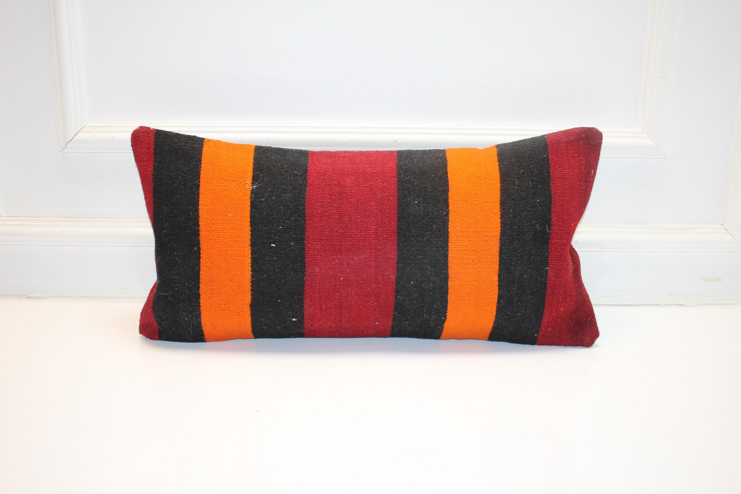 Striped Anatolian Kilim Lumbar Pillow Cover, Red Black Orange, 12x24