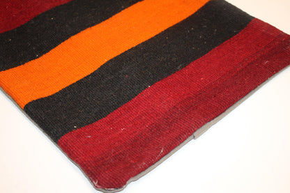 Striped Anatolian Kilim Lumbar Pillow Cover, Red Black Orange, 12x24