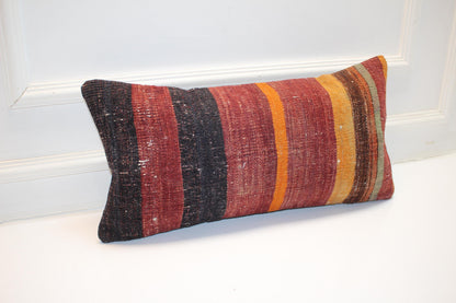 Striped Kilim Lumbar Pillow Cover, Earth Tone Woven Wool, 12x24
