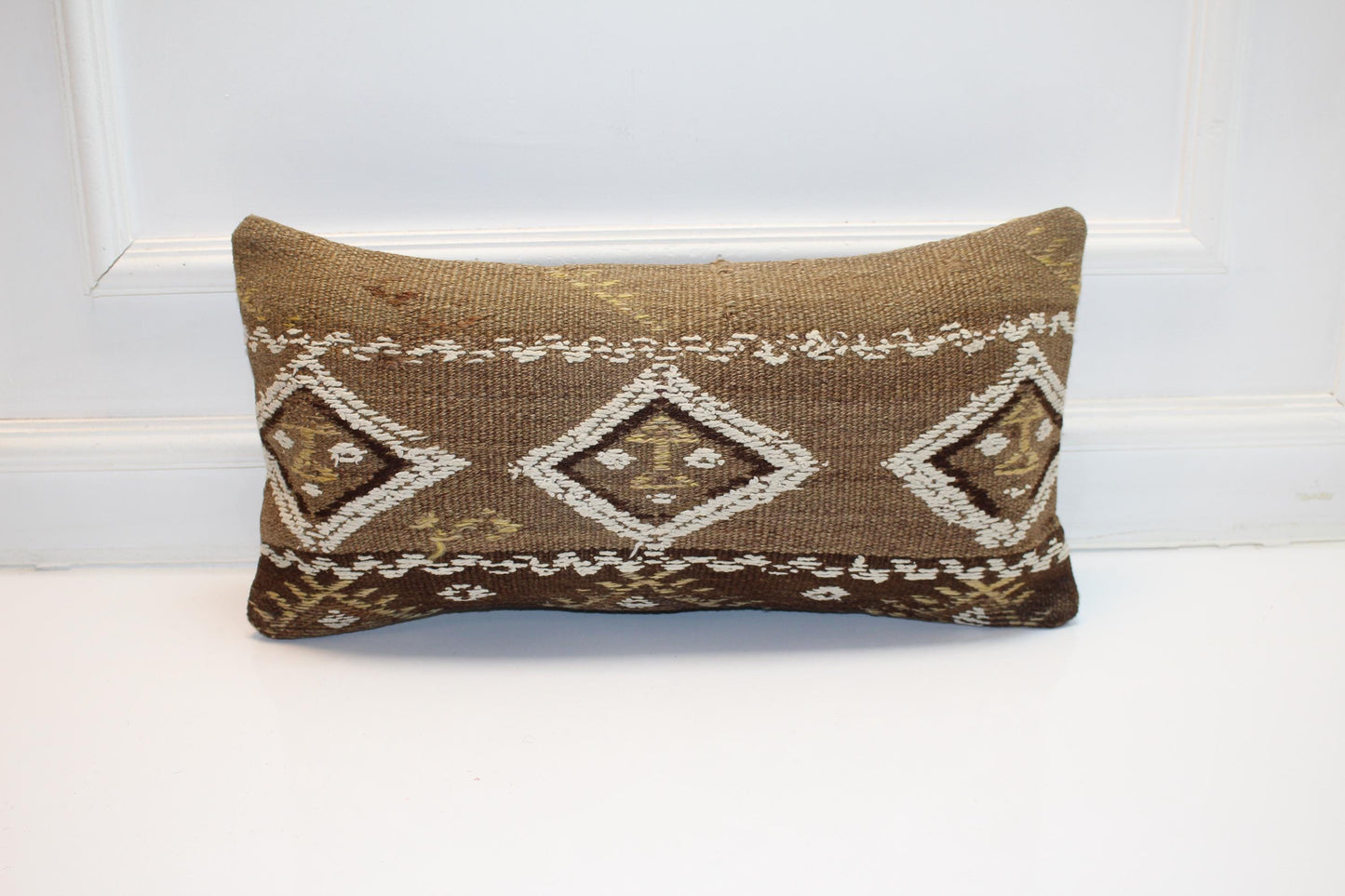 Geometric Woven Lumbar Pillow, Brown Earth Tone Kilim Cushion