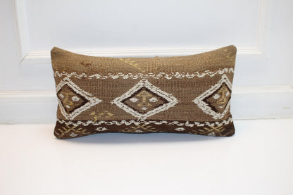 Geometric Woven Lumbar Pillow, Brown Earth Tone Kilim Cushion