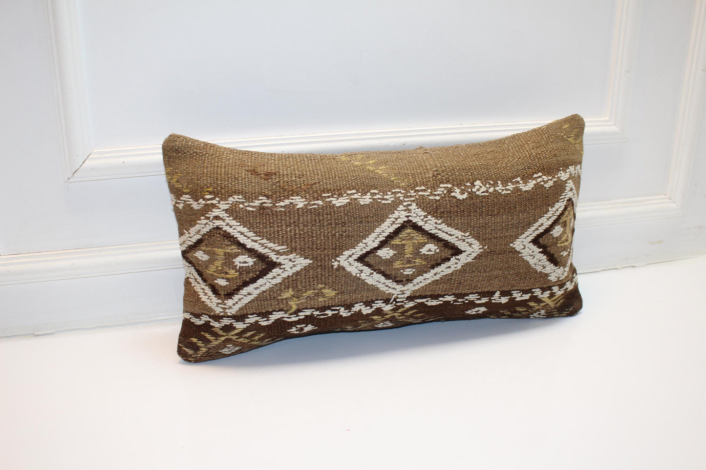 Geometric Woven Lumbar Pillow, Brown Earth Tone Kilim Cushion