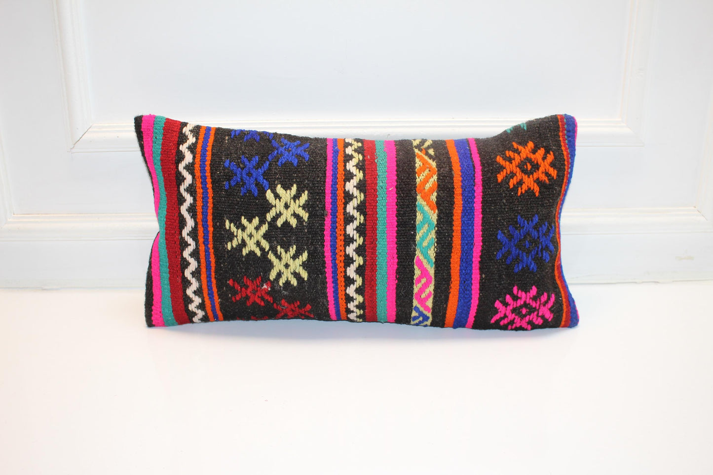 Handmade Lumbar Kilim Pillow Cover, Woven Wool Accent, 12x24