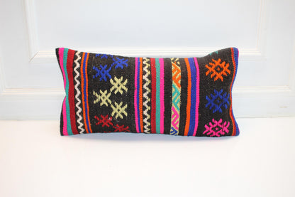 Handmade Lumbar Kilim Pillow Cover, Woven Wool Accent, 12x24