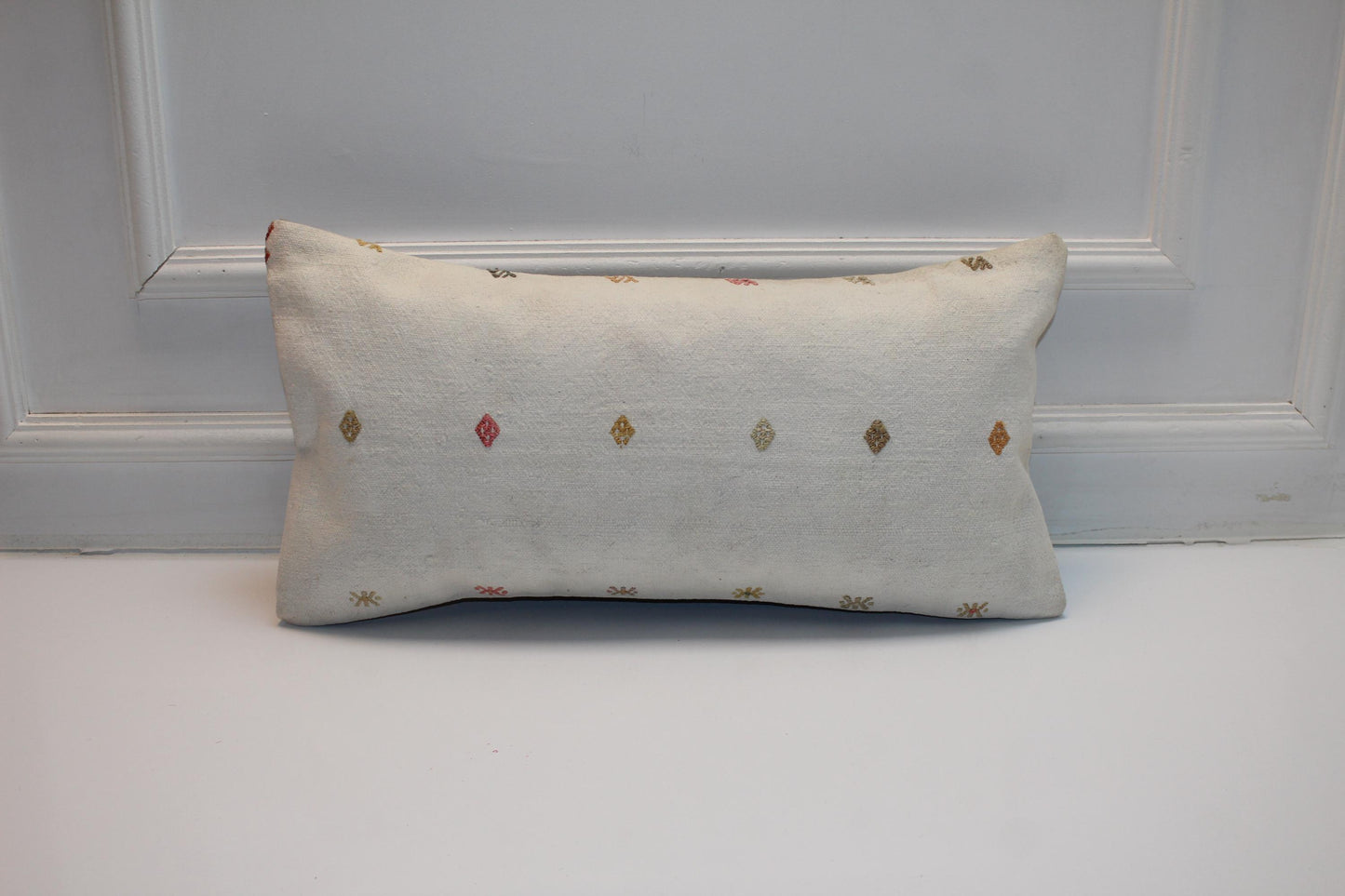 Minimal Woven Lumbar Pillow Cover, Ivory Accent, Upcycled Kilim 12x24