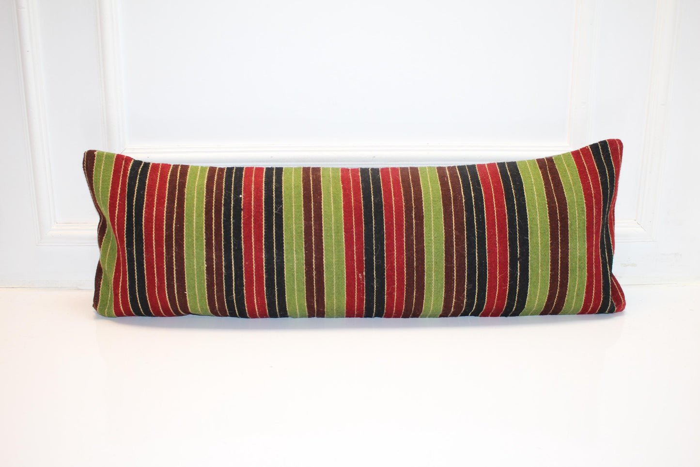 Striped Kilim Lumbar Pillow Cover, Red Green Black Woven Accent (12x36 inch)