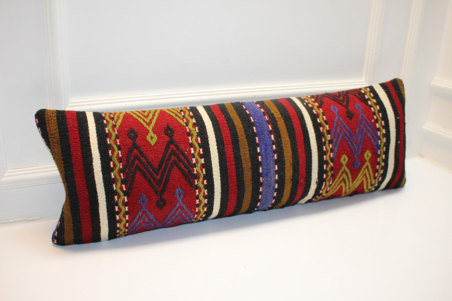 Geometric Woven Lumbar Pillow Cover, Red Black Accent, Kilim Upcycled (12x36 inch)