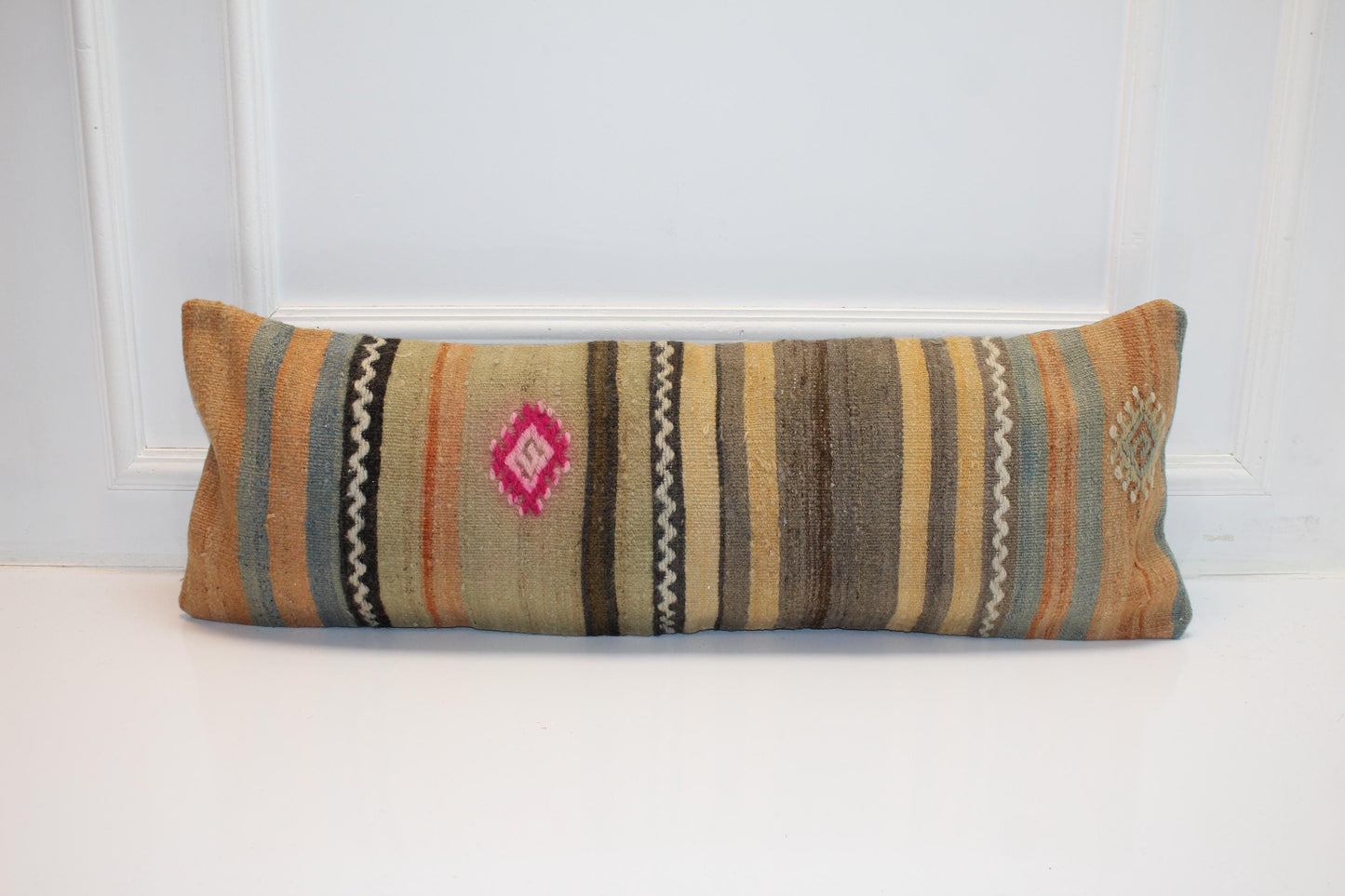 Striped Woven Lumbar Pillow Cover, Earth Tone Kilim Accent (12x36 inch)