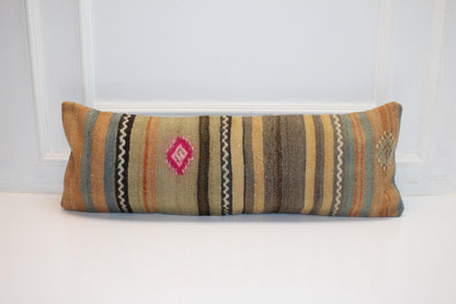 Striped Woven Lumbar Pillow Cover, Earth Tone Kilim Accent (12x36 inch)