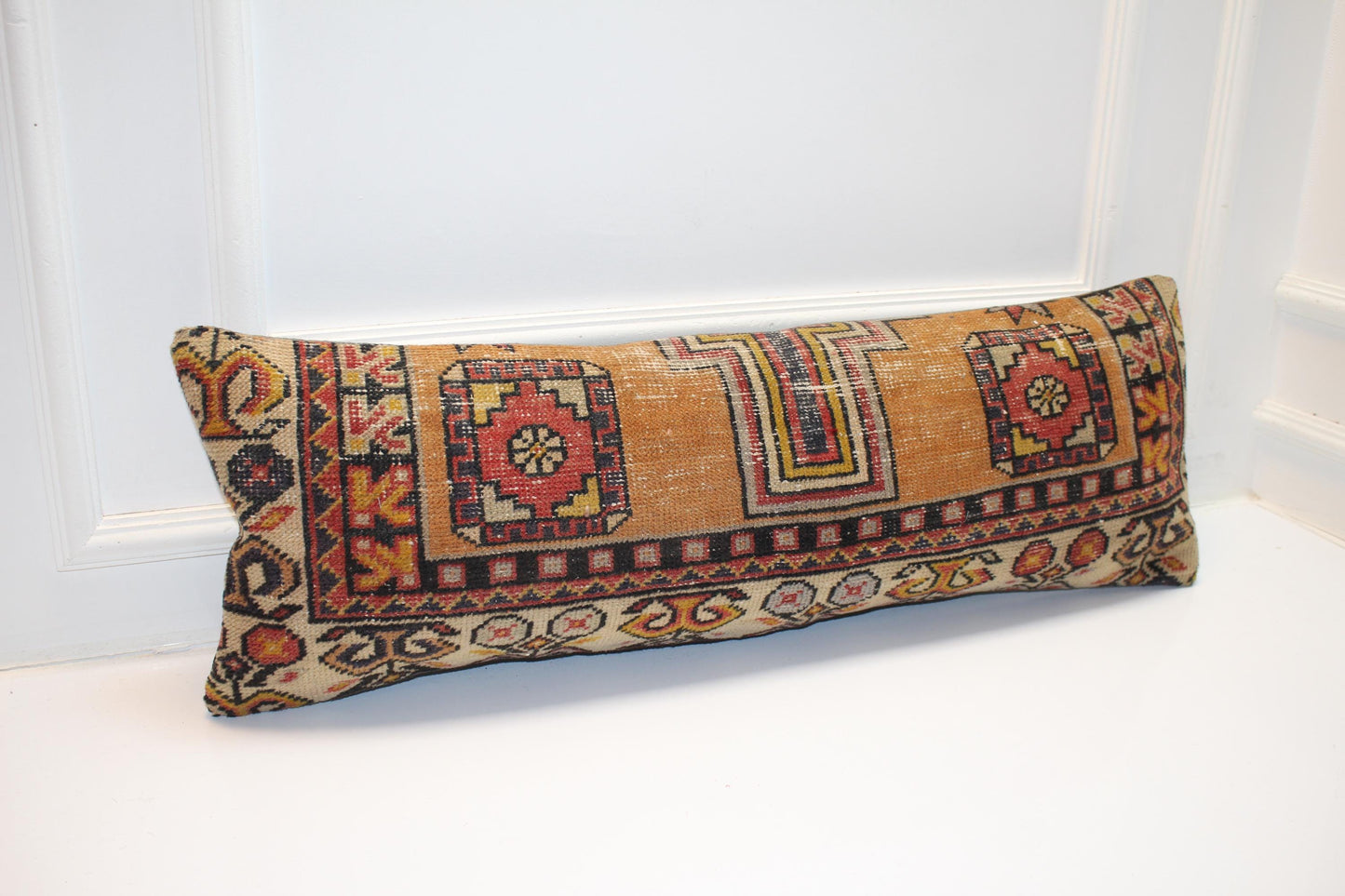 Geometric Kilim Lumbar Pillow Cover, Earth Tone Woven Cushion (12x36 inch)