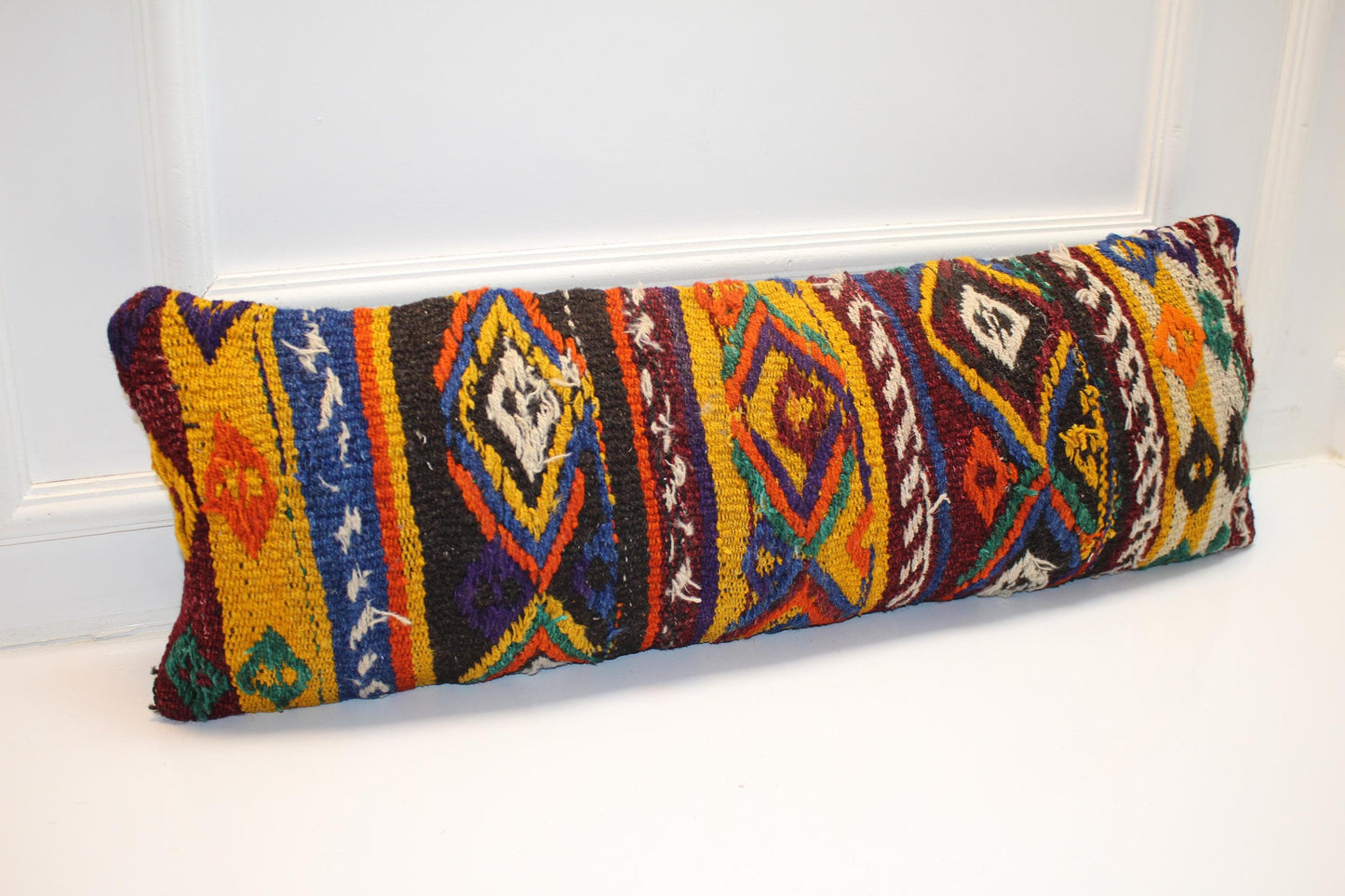 Geometric Kilim Lumbar Pillow Cover, Multicolor Woven Accent (12x36 inch)