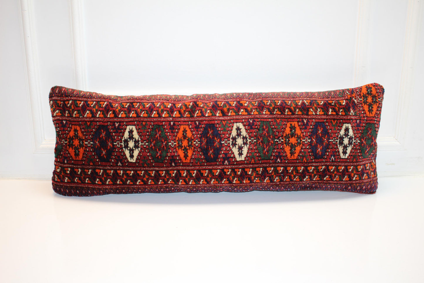 Red Persian Tribal Kilim Lumbar Pillow Cover, Woven Rug Cushion(12x36 inch)