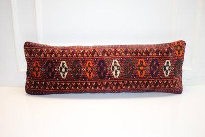 Red Persian Tribal Kilim Lumbar Pillow Cover, Woven Rug Cushion(12x36 inch)