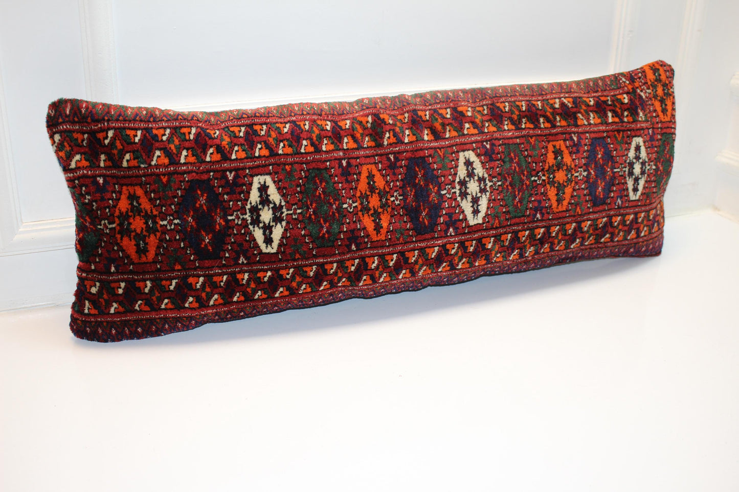 Red Persian Tribal Kilim Lumbar Pillow Cover, Woven Rug Cushion(12x36 inch)