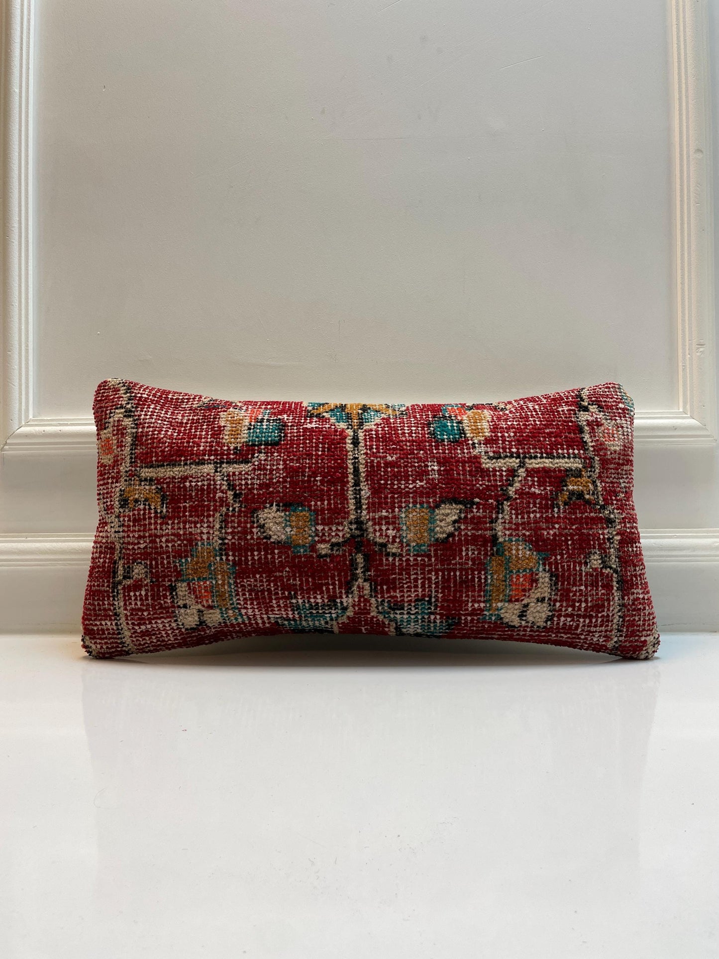 Deep Red Distressed Floral Kilim Pattern, Handwoven Upcycled Textile, Boho Rustic Decorative Cushion