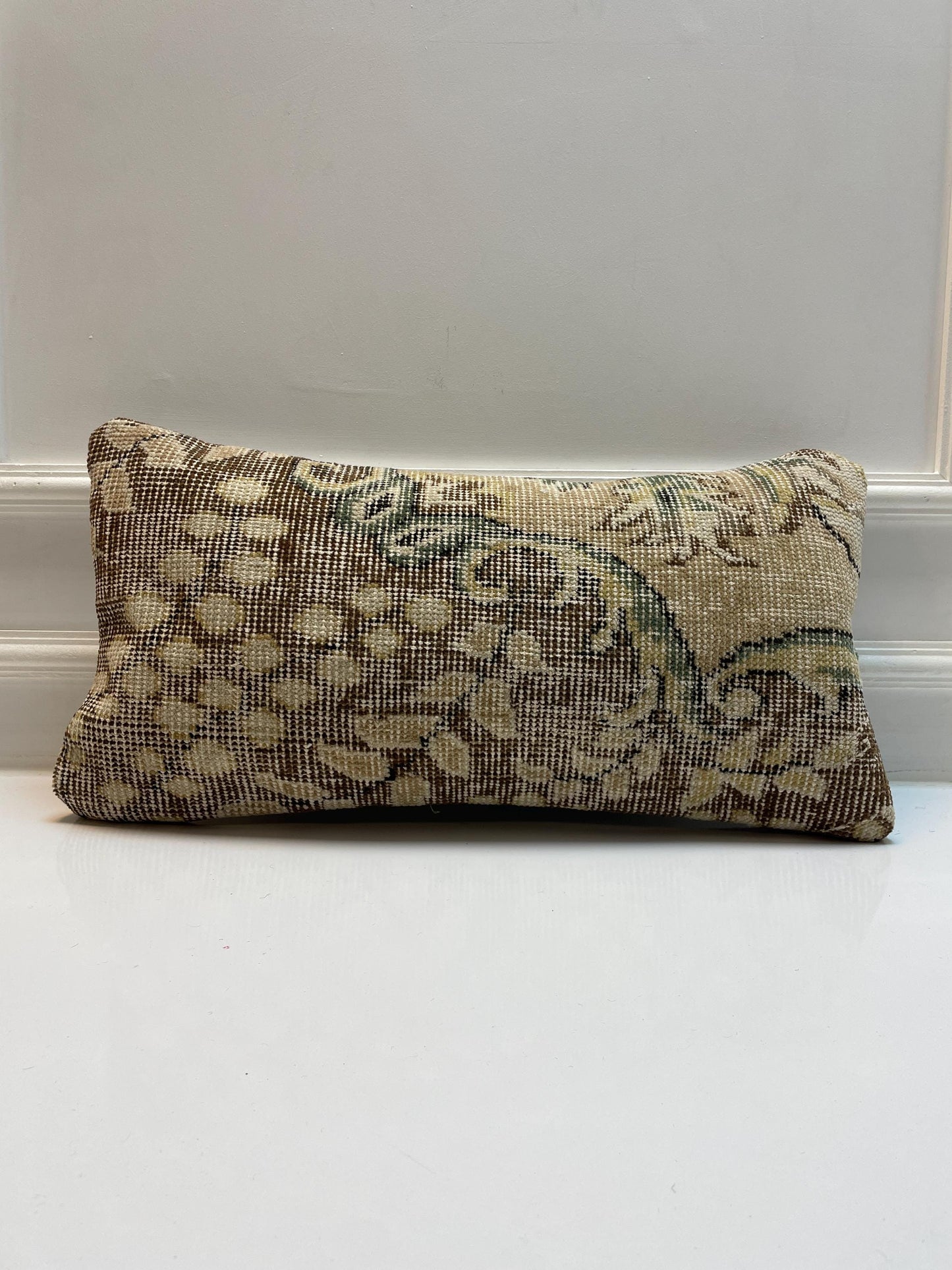 Beige & Olive Green Distressed Pattern, Handwoven Upcycled Kilim Textile, Rustic Boho Decorative Cushion