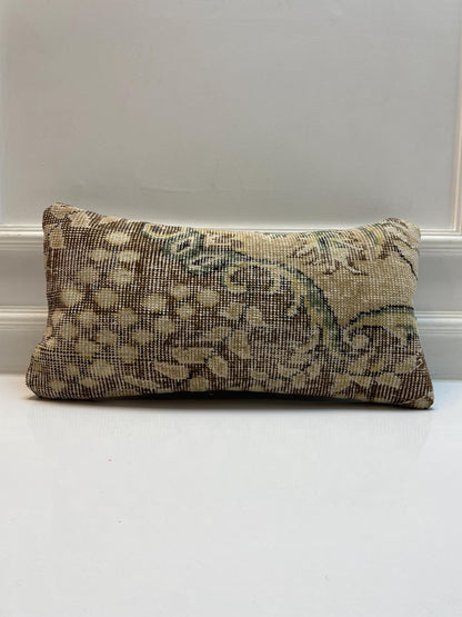 Beige & Olive Green Distressed Pattern, Handwoven Upcycled Kilim Textile, Rustic Boho Decorative Cushion
