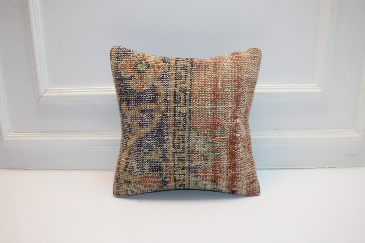 Split Panel Woven Textile Accent, Muted Motifs with Timeworn Surface, One of a Kind Interior Detail(16x16 in)