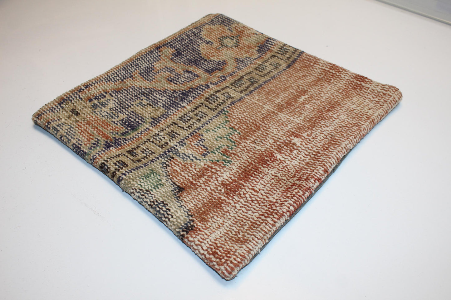 Split Panel Woven Textile Accent, Muted Motifs with Timeworn Surface, One of a Kind Interior Detail(16x16 in)