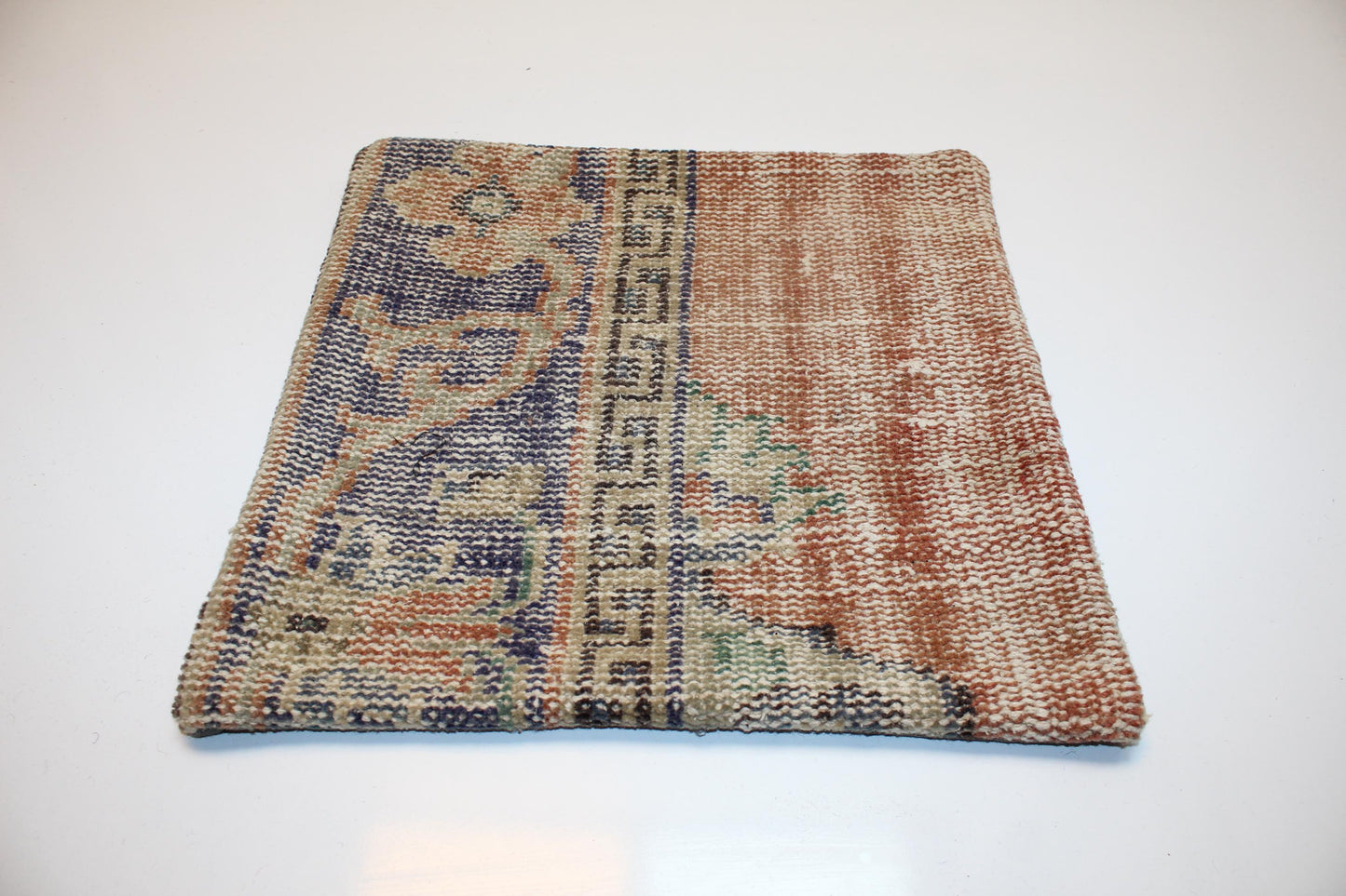 Split Panel Woven Textile Accent, Muted Motifs with Timeworn Surface, One of a Kind Interior Detail(16x16 in)