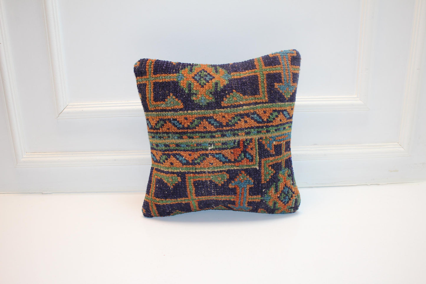 Geometric Woven Textile Accent, Bold Patterned Surface with Layered Motifs, One of a Kind Interior Statement(16x16 in)