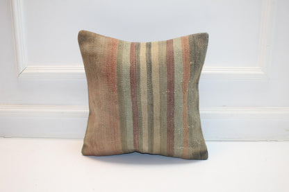 Handwoven Turkish Kilim Pillow Cover, Neutral Striped Rug Cushion (16x16 in)