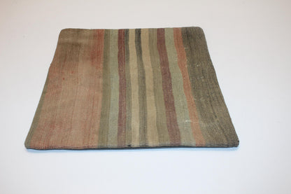Handwoven Turkish Kilim Pillow Cover, Neutral Striped Rug Cushion (16x16 in)