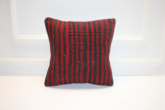 Vintage Turkish Kilim Pillow Cover, Red Black Striped Rug Cushion, Handwoven Anatolian Rustic Boho Home Decor (16x16 in)