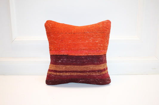 Vintage Turkish Kilim Pillow Cover, Orange Burgundy Striped Rug Cushion, Handwoven Anatolian Boho Rustic Decor(16x16 in)