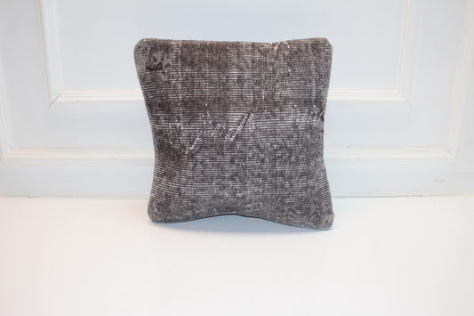 Vintage Turkish Kilim Pillow Cover, Solid Gray Rug Cushion, Handwoven Anatolian Minimal Rustic Home Decor(16x16 in)