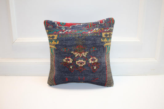 Vintage Turkish Kilim Pillow Cover, Blue Tribal Rug Cushion, Handwoven Anatolian Ethnic Boho Home Decor(16x16 in)