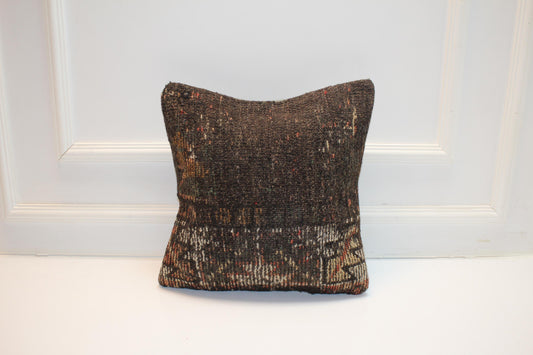 Vintage Turkish Kilim Pillow Cover, Dark Brown Rug Cushion, Handwoven Anatolian Rustic Boho Home Decor(16x16 in)