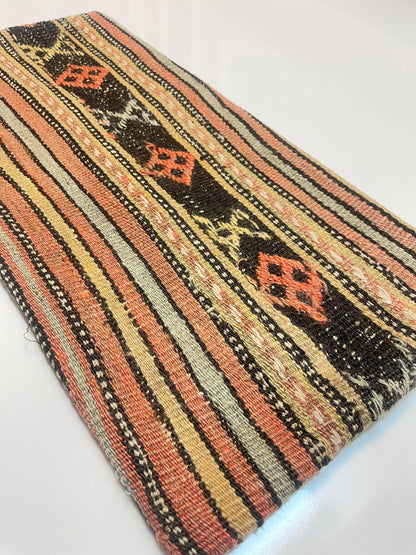 Vintage Turkish Kilim Lumbar Pillow – Tribal Wool Rug Cushion, Boho Rustic (12x24 inch)