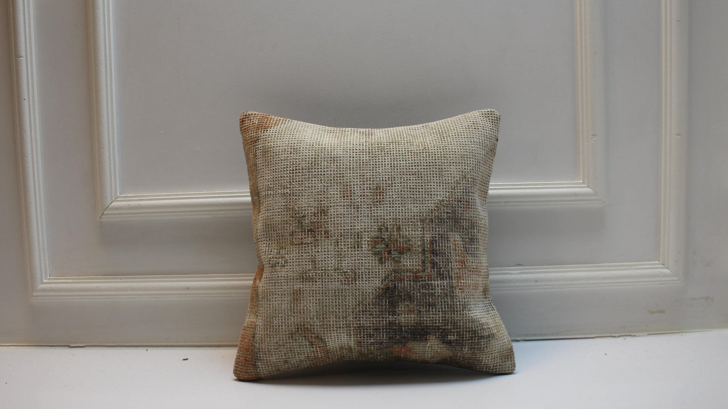 Handmade Turkish Kilim Pillow Cover, Neutral Woven Rug Cushion (16x16 inch)