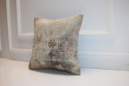 Handmade Turkish Kilim Pillow Cover, Neutral Woven Rug Cushion (16x16 inch)