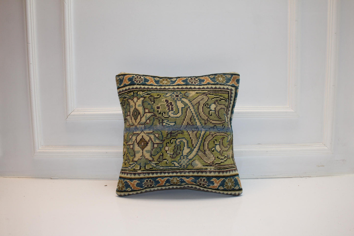Vintage Turkish Kilim Lumbar Pillow, Green & Blue Woven Rug Cushion, 16x16